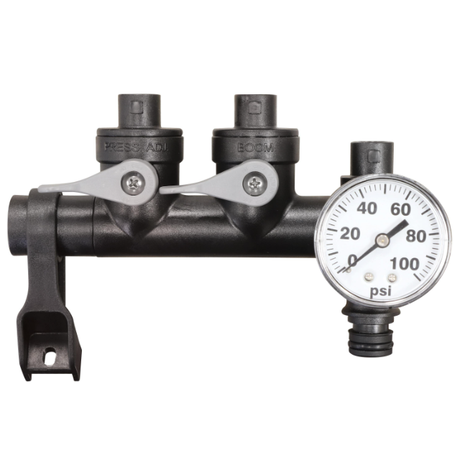 Fimco sprayer boom manifold with 3 outlets and pressure gauge, black plastic construction for UTV sprayers.