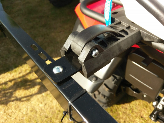 Fimco Sprayer ATV boom kit mounting bracket in black with metal rail and bolt