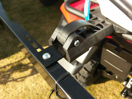 Fimco Sprayer ATV boom kit mounting bracket in black with metal rail and bolt