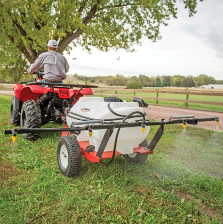 Fimco ATV spray boom kit with 5 nozzles, 100in (2.5m) coverage, quick-release mounting.