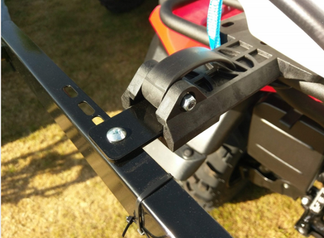 Fimco ATV spray boom kit with quick-release clamp and 2-nozzle setup on a black mounting frame