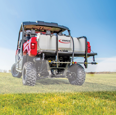 FIMCO UTV Sprayer with 45 gallon (170 L) tank mounted on a red utility vehicle, 36 ft boom, 4.5 GPM, 12V.