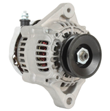 Alternator for Kawasaki Mule diesel with silver housing and black pulley.