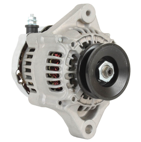 Alternator for Kawasaki Mule diesel with silver housing and black pulley.