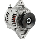 Arrowhead alternator for Yanmar engine applications; silver housing with black pulley, Polaris and Bobcat compatible.