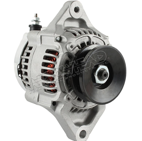 Arrowhead alternator for Yanmar engine applications; silver housing with black pulley, Polaris and Bobcat compatible.