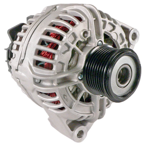 Alternator with silver housing and black pulley; copper windings visible.