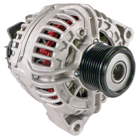 Alternator with silver housing and black pulley; copper windings visible.