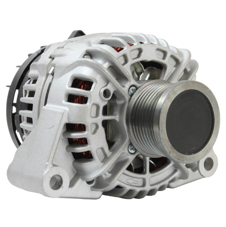 Alternator with silver aluminum housing and front pulley