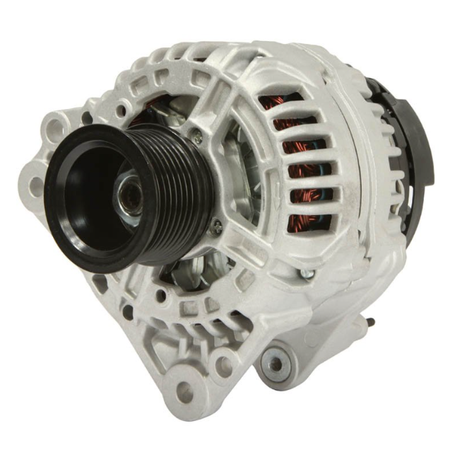 Alternator, 12V 90A, for John Deere 650J dozer; silver housing with black pulley.