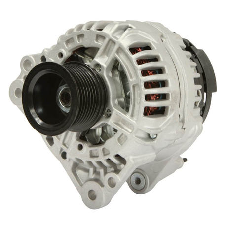 Alternator, 12V 90A, for John Deere 650J dozer; silver housing with black pulley.