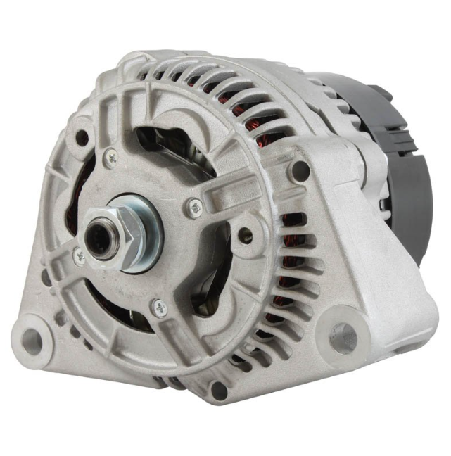 Alternator with aluminum housing, 12V 90A automotive electrical component.