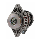 Alternator with silver metal housing and front pulley, mounting bracket visible.