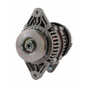 Alternator with silver metal housing and front pulley, mounting bracket visible.