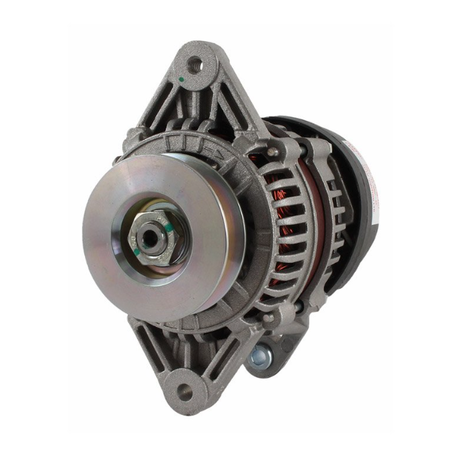 Alternator with silver metal housing and front pulley, mounting bracket visible.