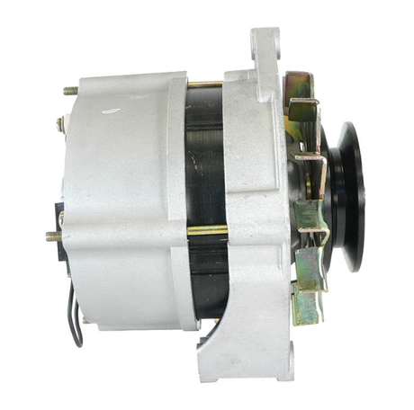 Alternator with silver housing and black pulley, side view showing mounting bracket