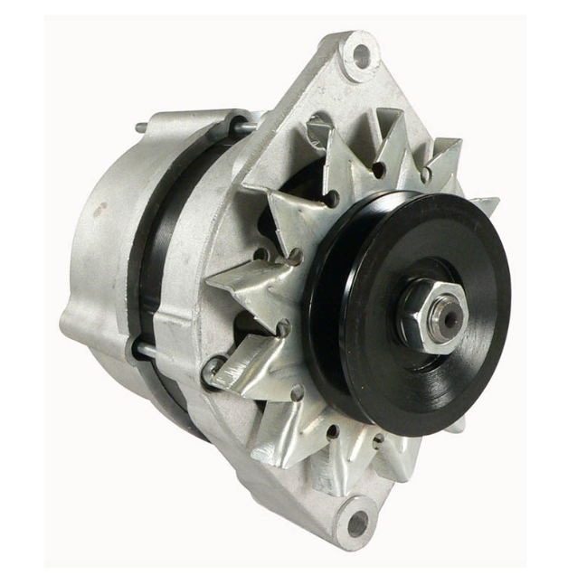 Alternator with silver aluminum housing and black pulley, 12V 55A