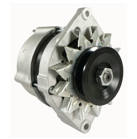 Alternator with silver aluminum housing and black pulley, 12V 55A