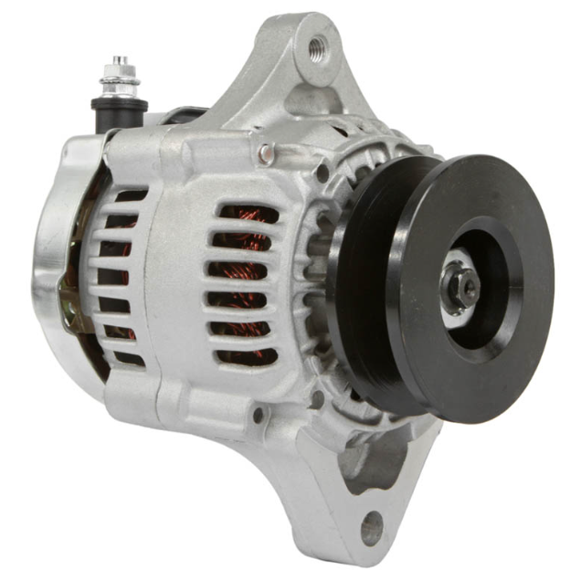 Alternator with aluminum housing and black drive pulley.
