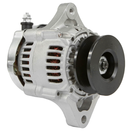 Alternator with aluminum housing and black drive pulley.