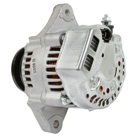 Alternator, metallic silver, 12V 40A, vented housing with mounting bracket.