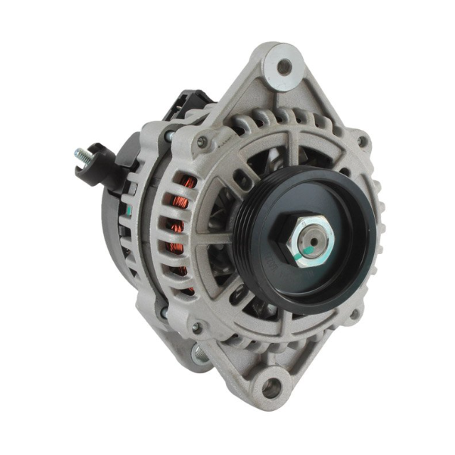 Alternator for John Deere Gator XUV 590i 12V 65A, metallic gray with pulley.