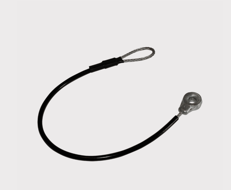 UTV tailgate cable, black with metal eyelet end and looped braided end, ATV City M159508