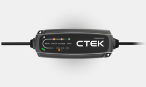 CTEK CT5 Powersport 12/24V battery charger; black vehicle charger with LED indicators.