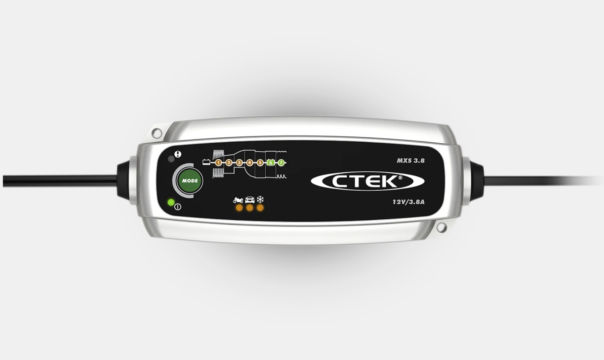 CTEK MXS 3.8 12V battery charger and maintainer, silver body with black panel, 12V/3.8A