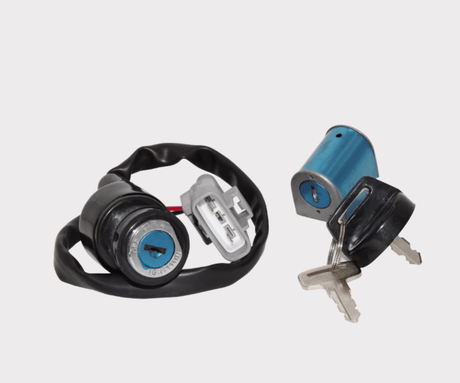 Ignition key switch set for CF Moto CForce 400/500 with blue lock cylinders and wiring harness; includes two keys — ATV City