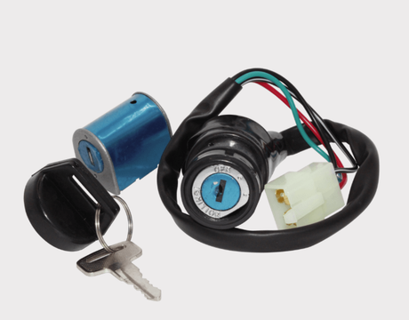 3-Position Ignition Key Switch for CF Moto 500 X5/600 X6 with blue lock cylinder, wiring harness, and two keys