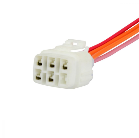 4-position ignition key switch connector, white plastic housing with a 6-pin layout and red, orange, pink wires
