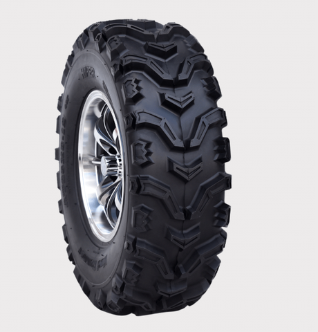 Hyper Mud Claw ATV tyre 25x8x12, 6-ply, with rugged mud-terrain tread on chrome wheel