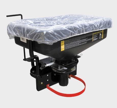 Fimco ATV Dry Material Spreader 12V DMS with rain cover; black hopper, red tow strap.