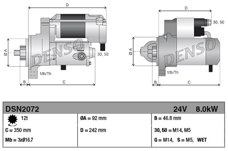 Denso tractor starter motor, 24V 8.0kW, 12-tooth for Caterpillar