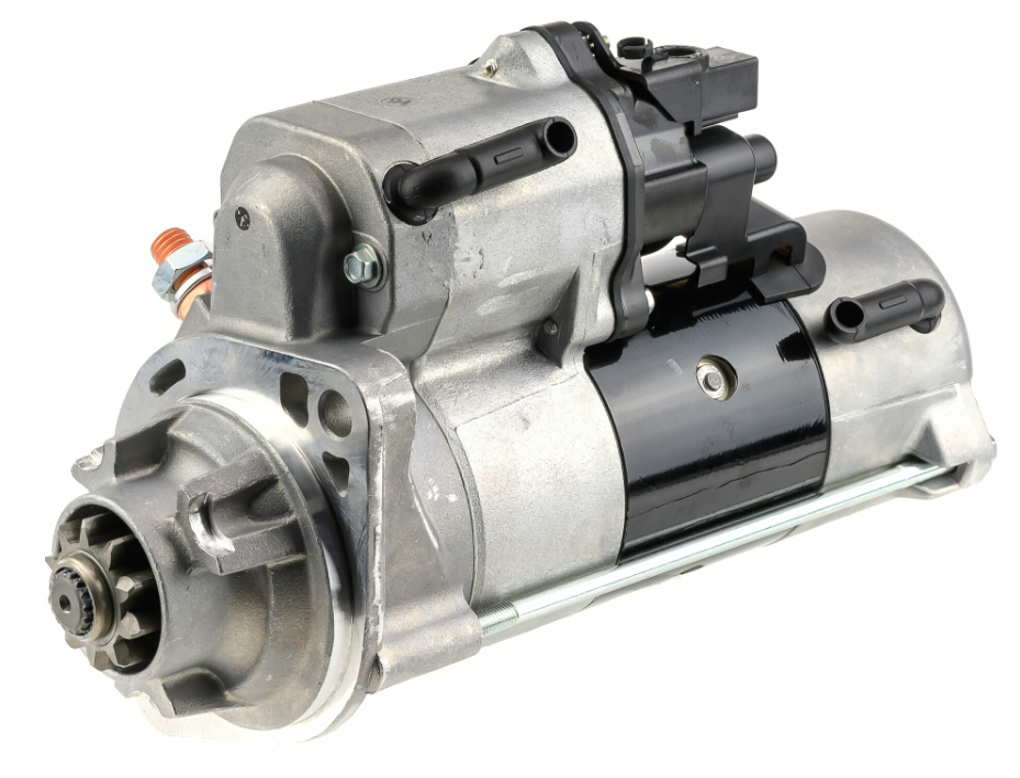 Tractor starter motor, Denso gear-reduction, 24V 7.8kW, 10-tooth, Cummins-compatible.