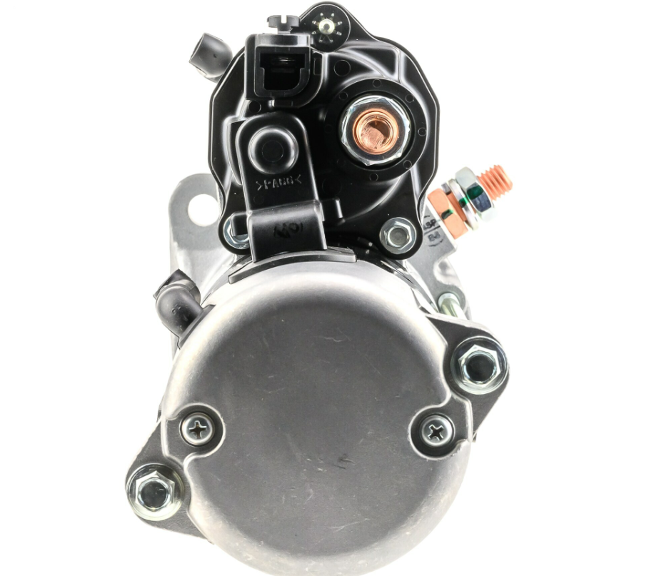 Denso gear-reduction starter motor, 24V, 10-tooth for Cummins tractor; black housing with copper terminal