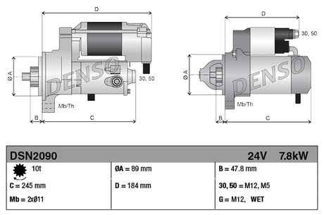 Gear reduction starter motor by Denso, 24V, 7.8kW, 10-tooth, for Cummins engines