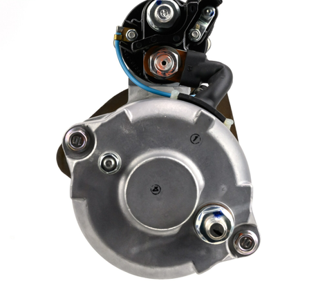 Denso gear reduction tractor starter motor with silver metal housing, 12V, 5.0kW, 13-tooth.