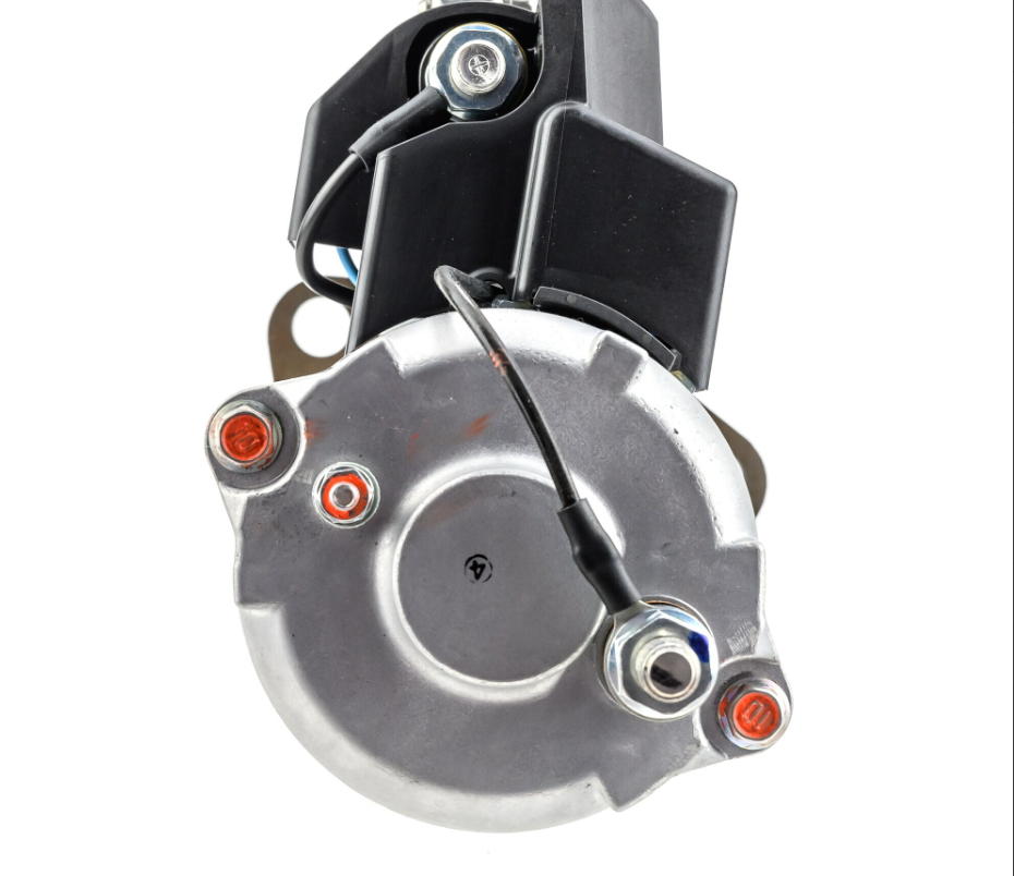 Denso gear reduction starter motor, 12V, 5.0kW, silver housing with black mounting bracket and red terminal posts.