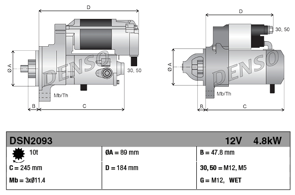 Denso gear-reduction tractor starter motor, 12V, 4.8kW, 10-tooth, shown in two views with dimensions