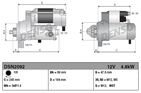 Denso gear reduction tractor starter motor 12V 4.8kW, 10-tooth for John Deere