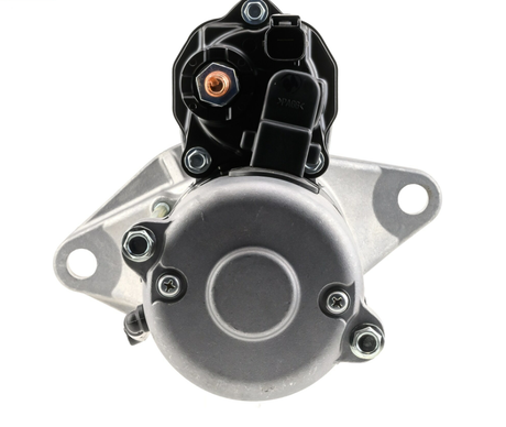 Denso gear reduction tractor starter motor, black housing with silver mounting flanges and copper terminal.