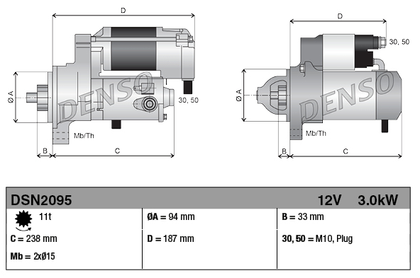 Denso gear reduction tractor starter motor, 12V, 3.0kW, 11-tooth, Isuzu