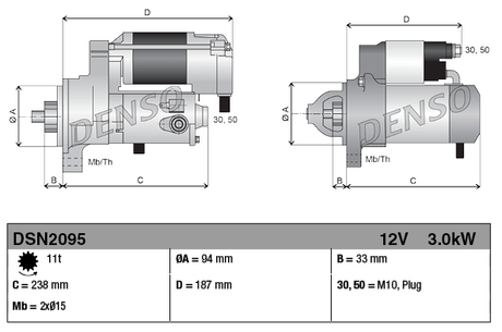 Denso gear reduction tractor starter motor, 12V, 3.0kW, 11-tooth, Isuzu