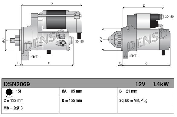 Denso tractor starter motor, 12V 1.4kW, 15-tooth gear (two-view illustration)