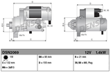 Denso tractor starter motor, 12V 1.4kW, 15-tooth gear (two-view illustration)