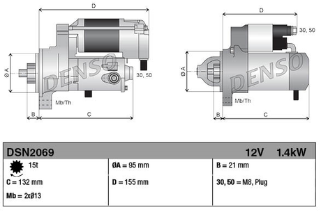 Denso tractor starter motor, 12V 1.4kW, 15-tooth gear (two-view illustration)