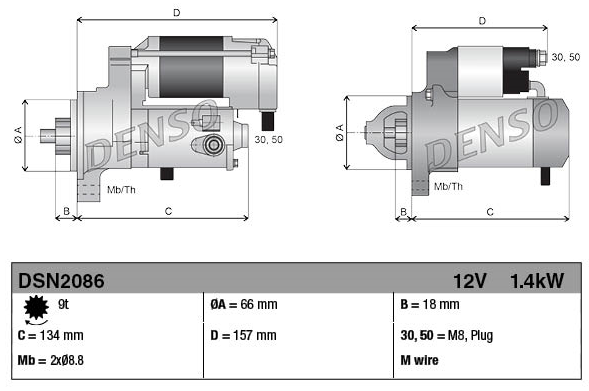 Denso gear reduction tractor starter motor, 12V 1.4kW, 9-tooth, for Bobcat and Kubota, two-view drawing.