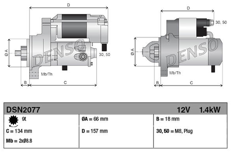 Denso gear reduction starter motor (12V 1.4kW, 9-tooth) for Kubota KX018-4 tractor